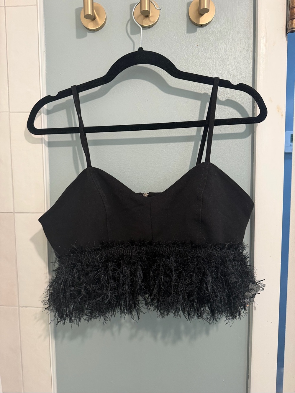 Black Feather-Trim Spaghetti Strap Crop Top